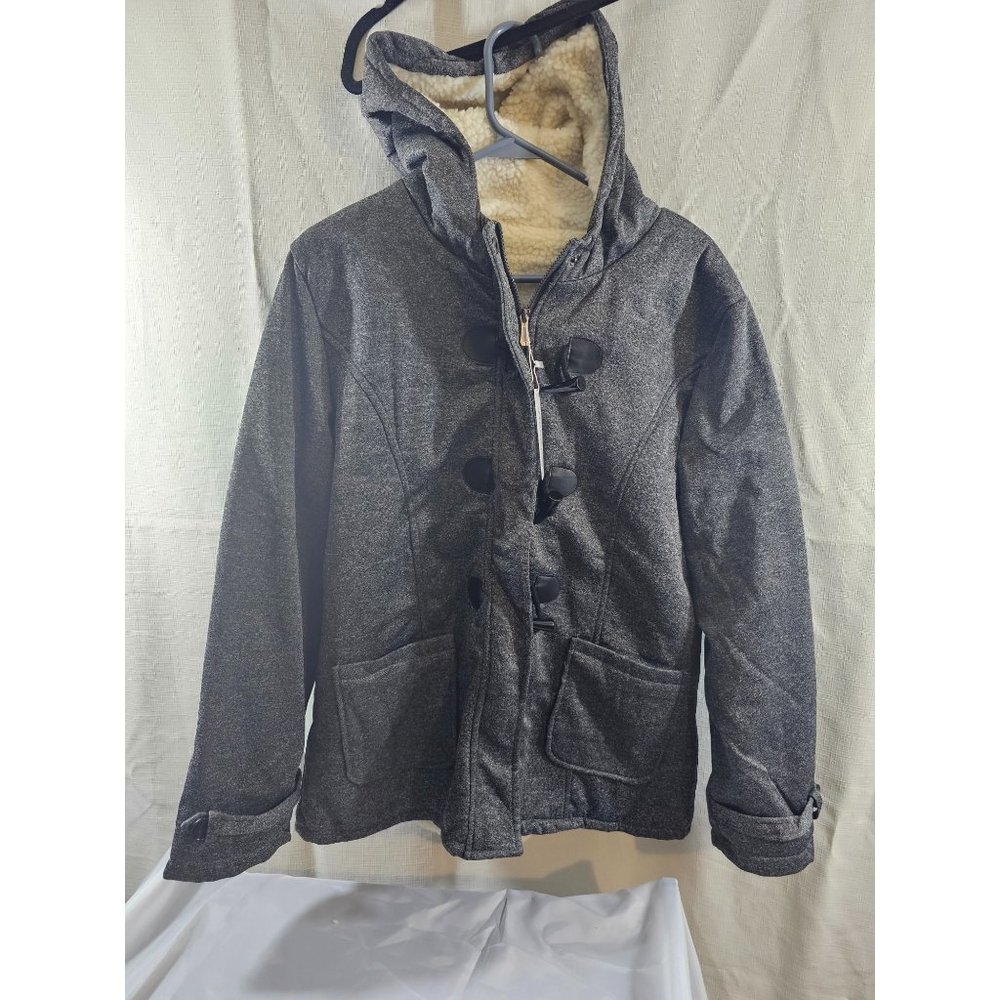 JiangWu Womens Fashion Horn Button Fleece Thick Coat with Hood Winter Jacket L